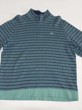 Vineyard Vines Men's 1/4 Zip Club Sweater Large Green Navy Blue Striped Pullover